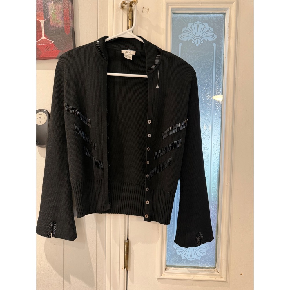 Cache Black Silk Blend Beaded Ribbed Cardigan Bell Sleeve Sweater Medium